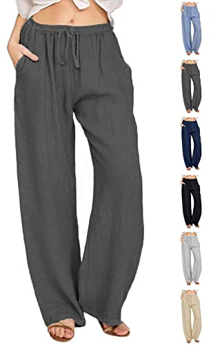 CheChury Pantalones Mujer Casuales de Lino de Algodón Cintura Alta Elásticos Largas Pantalón Deporte Elástica Pantalones Verano Causal Flojo Largos Playa con Bolsillos y Cómodos