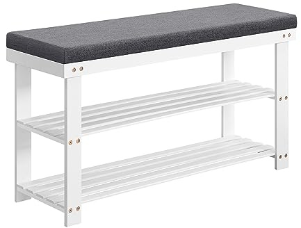 SONGMICS Panca Scarpiera in Bambù, Portascarpe a 2 Ripiani, Organizzatore per Scarpe Stabile per Corridoio, Soggiorno, Seduta Regge Fino a 136 kg, 29 x 90 x 49 cm, Bianco e Grigio LBS904W01