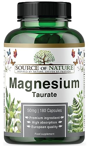 Source of Nature® | Magnesiumtaurat 625 mg | 180 Kapslar | 45 Dagars Förbrukning | 50 mg Elementärt | Hög Absorption | Skonsam för Magen | Laboratorietestad Renhet