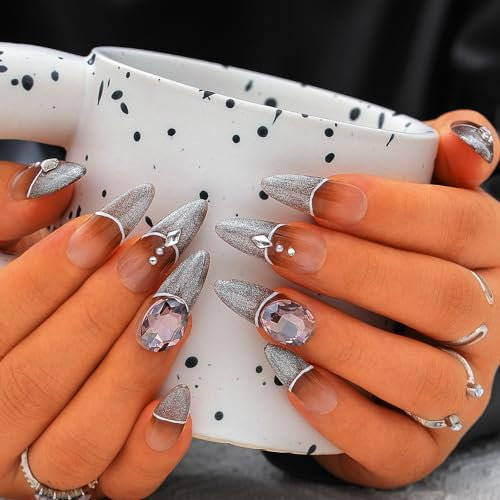 Sethexy Français Fait à la main Ongles à presser Long Stiletto Paillettes Faux ongles Acrylique Brillant Faux ongles avec dessin Faux ongles de salon pour femmes et filles 10PCS (Marron1)