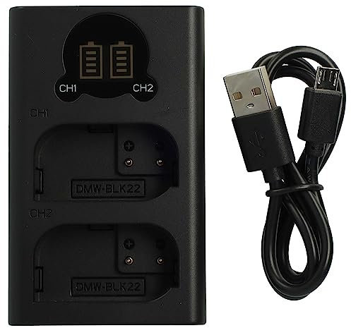 vhbw Dual Ladegerät kompatibel mit Panasonic DMW-BLK22, DMW-BLK22E Kamera/Akku - Ladeschale + Micro-USB-Kabel mit Display, 8,4 V