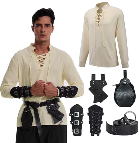 MVFEUIJ Mittelalter Kleidung Herren Set, Herren Renaissance Kostüm Set mit Gürtel, Handgelenkschützer Zubehör 5 Set für Cosplay, Zauberer, Halloween (Schwarz, M)