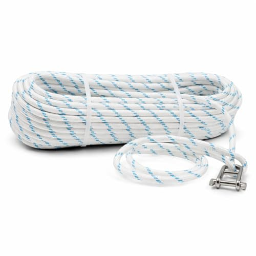 3/8 x 114FT (10mm x 35m) Low-Stretch Double Braided Nylon Halyard Rope, Marine Grade Sailboat & Yacht Line, Durable Sailing Control Rope with Eye Splice & Key Shackle