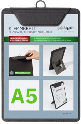 SIGEL KB111 Klemmbrett A5, anthrazit, mit Aufstellfunktion, stabiles, stylisches Clipboard mit edler Leinenstruktur, strapazierfähig und leicht abwischbar, für Speisekarten