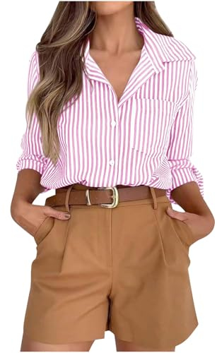 Blouses for Women UK Striped Dress Shirts Button Down Shirt Casual Loose Long Sleeve Office Work Tunic Tops Collared Neck Roll Up Long Sleeve Blouse Regular Fit Tee Shirt with Pocket Pink