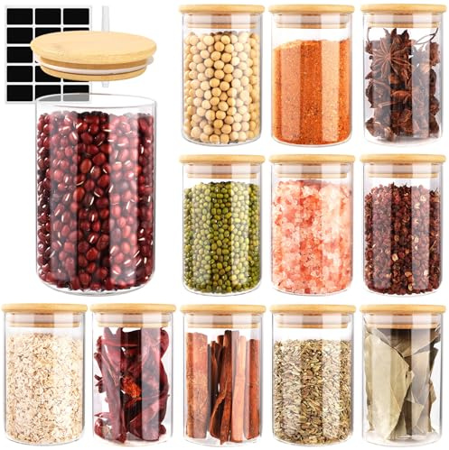 Cinnani Set da 12 Barattoli Spezie Vetro, 250ml Barattolini porta Spezie Vetro con Coperchi in Bambù, Barattoli Spezie per Cucina Ermetici, Trasparente Vasetti Spezie con Etichette