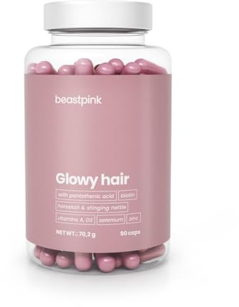 BeastPink Glowy Hair - Integratore con Lievito Di Birra, Per Ottenere Capelli Lucidi, Forti e Sani - Con Biotina, Zinco, Selenio e MSM - Supporta La Salute Di Capelli, Pelle e Unghie, 90 cps