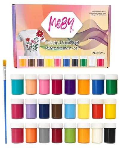 MEBY Textilfärg set – 24 färger x 25 ml, tvättbar upp till 40°C, för bomull och textil, vattenbaserad, snabbtorkande, precis applicering