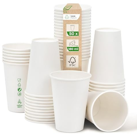 Love Nature Kaffemugg To Go vit, 180 ml (7 oz) – pappersmugg, 50 stycken | Coffee to go mugg engångsmugg för servering av kaffe, te, varma och kalla drycker