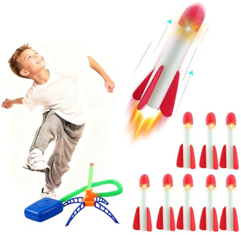 HhBdy Fusée Enfant, Fusée à Pédale avec 8 Roquettes Jouets pour Enfants Lancement Jouet Extérieur pour Cadeaux d'anniversaire et de Rentrée Scolaire pour Garçons et Filles (Lumières Colorées)