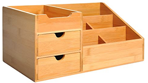 HOMCOM Desk Organiser Holder, Bamboo Multi-Function Storage Caddy with 7 Storage Compartments and 2 Drawers for Home Office Stationary Supplies, Natural Bamboo