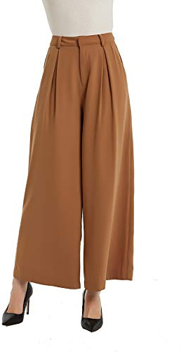 Tronjori Femme Taille Haute Pantalons Casual Jambes Larges Plissé devant vintage Pantalon avec Poches Pour les loisirs, le travail and le Bureau(L,Brun)