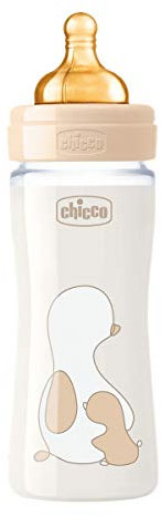 chicco Original Touch Anti-Colic Baby Bottle with Teat in Rubber of Origin 100% Natural, Bottle with Slow Flow 0 Months+, Bottle with Glass Bottle 240 ml, Beige