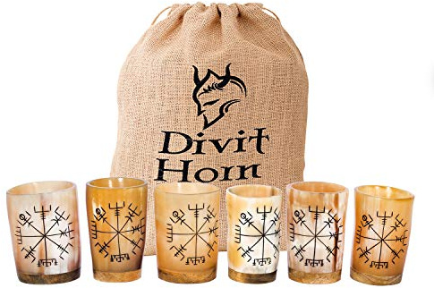 Divit Horn Bicchieri da shot in corno autentici (set da 6) con bordo in ottone | Autentico corno da birra medievale | Borsa regalo in lino inclusa | Capacità 5 once