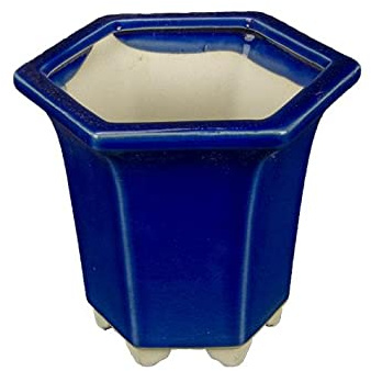 Geosism & Nature Vaso per bonsai esagonale (stile a cascata) in gres smaltato blu 10,5x10,5x11 cm - YM17