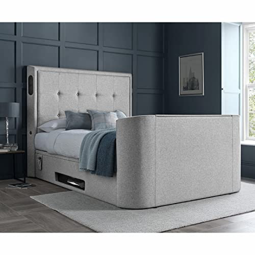 Marseille TV Bed Frame with Ottoman Storage & 3D 4.1 Bluetooth Speaker System (Genie Grey, Super King)