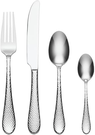 Oneida Tibet 24 Piece Cutlery Set - Stainless Steel Cutlery Set for 6 with Hammered Finish, Heavy Weight Rust Resistant & Dishwasher Safe Artisan Flatware, Silver