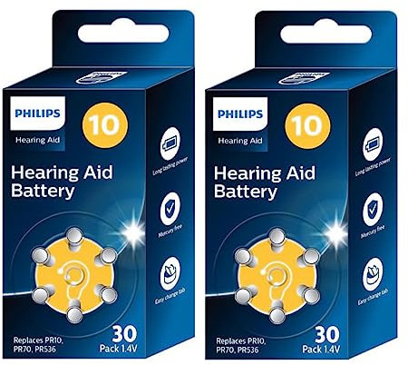 PHILIPS x60 Pilas 1.4V para Audífonos 10 (Hearing Aid Battery) ZA10BX30/00, Tecnología Premium Zinc Air, Batería Larga Duración, Abre-Fácil, Tipo PR10, 70 y 536 (60 Unidades) Color Amarillo