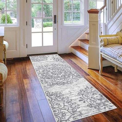 SHACOS Boho Läufer Teppich 60x180 cm Waschbar Teppichläufer rutschfest Flur Teppich Läufer für Eingang, Küche, Schlafzimmer, Wohnzimmer, Grau