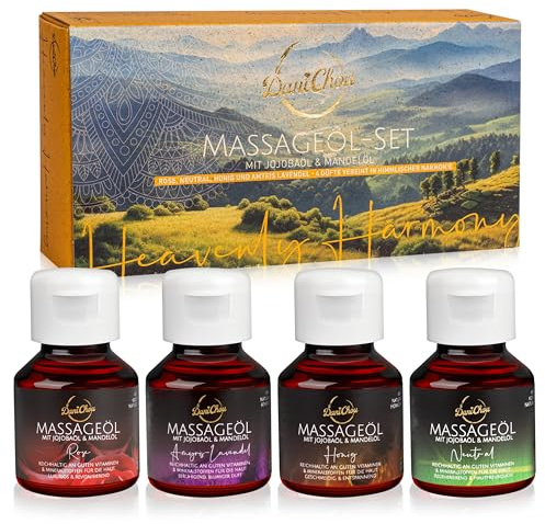 DaniChou Heavenly Harmony Massageöl Set – 4x 50 ml – Luxuriöse Massageöle für Tiefenentspannung & Hautpflege – Jojobaöl & Mandelöl mit Honig-, Rosen-, Neutral- & Amyris-Lavendel-Duft | Made in Germany
