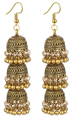 Boucles d'Oreilles Élégantes Triple Cloche Jhumki Pendantes Longues Pampilles Pour Femmes Et Filles Bohème Indien Grandes Boucles d'Oreilles Pendantes Bijoux Traditionnels Cadeaux (Doré)