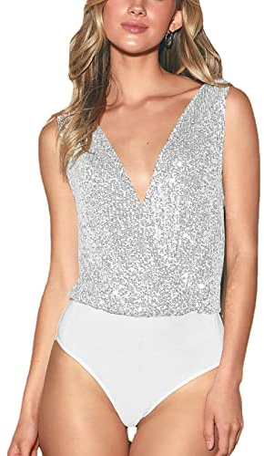 Body Glitterato Senza Maniche, Body Elegante, Traspirante, Morbido, Alla Moda, con Scollo a V, Paillettes in Rete, Senza Schienale, per Appuntamenti per Donne (SILVER)