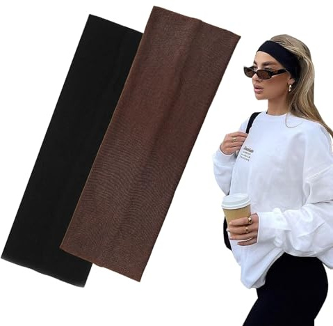 Yedtreg Haarbänder für Damen und Herren, 7 cm breit, Schwarz, 2 Stück, modische Stirnbänder für Damenhaar, weicher Stoff, dehnbare Haarbänder für Make-up, Yoga, Laufen, Sport (Schwarz/Braun)