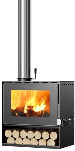 Estufa de Leña con Cristal, Hierro Fundido, Cámara Grande para Troncos Grandes, Compacta 49×30×50 cm