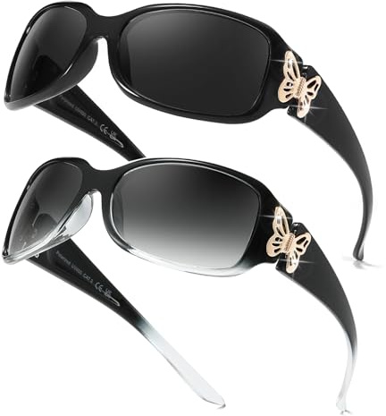 Myiaur Lot de 2 paires de lunettes de soleil polarisées pour femme avec protection UV et monture enveloppante avec accents papillon, A05 (lot de 2) noir + noir dégradé