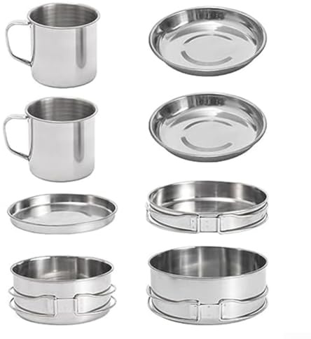 Lot de 8 ustensiles de cuisine de camping portables en acier inoxydable pour 5 à 6 personnes pour trekking, randonnée, pique-nique