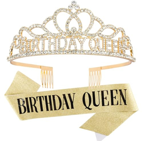 ZYWQ Gold Birthday Crowns and Sash - Queen Tiara for Party Decorations (Gold)