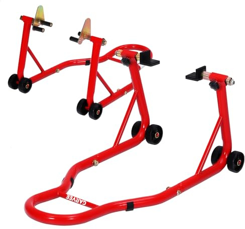 Garvee Motorcycle Stands Front and Rear, 900 LB Heavy Duty Front & Rear Wheel Lift Combo with Prong Adapters+L Adjustable Swingarm Spool, Universal Paddock Stands for Most Motorcycles, Red