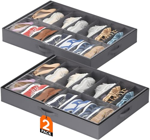 Lifewit Scatole per Scarpe con Finestra Trasparente, Contenitori Portaoggetti Pieghevole Sottoletto per Scarpe, Organizer per Scarpe con Manici Salvaspazio, Grigio, 2 x 14 Paia