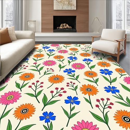 Low Pile Flatwoven Area Rug 2x3, Meadow Wildflower Mosaic with Interlocking Seed Pod and Floral Motifs, Machine Washable, Stain Resistant Indoor Rug for Living Room, Bedroom, Non Slip(Beige, 2x3)