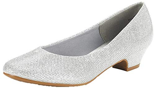 DREAM PAIRS Women's Block Heel Round Toe Pumps,Silver/Glitter,7