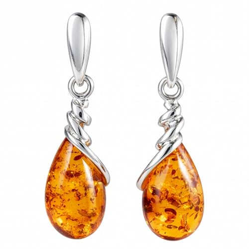 Genuine Baltic Honey Amber Eleanor Drop Earrings for Women – 925 Sterling Silver Teardrop Post Back Earrings, Natural Amber Jewelry with Certificate
