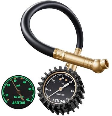 AstroAI Tire Pressure Gauge for Cars with Large 2 Dial, Solid Brass with Rubber Hose, Air Bleeder Valve, ANSI B40.1, 0-60PSI