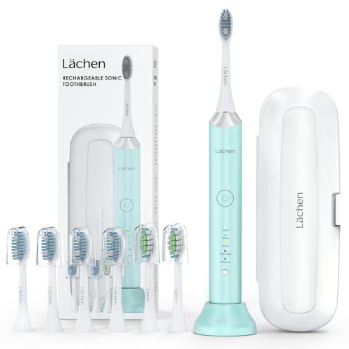 Lächen Elektrische Zahnbürste,5 Reinigungsprogramme mit Reiseetui, 6 Zahnbürstenköpfe, wiederaufladbar, IPX7 wasserdicht, Cyan