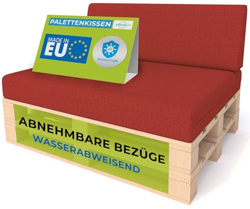 Pillows24 - Palettenkissen 2-teiliges Set | Palettenauflage für Palettensofa | Rückenkissen & Sitzkissen für Europaletten | Palettenmöbel für Indoor & Outdoor mit UV-beständig | Made in EU | Rot