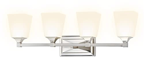 Ultralux 27 inch 4-Lamp Traditional LED White Frosted Glass Sconce Vanity Wall Mount Light Fixture, 560 Lumens 3000K, Brushed Nickel for Kitchen Hallway Bedroom Bathroom Dining Room Stairs