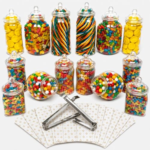 14 Plastic Sweet Jars, 7 Styles, 2 Tongs and 50 Bags. Ideal for Party, Wedding, Sweet Table, Candy Buffet (Gold Stars Bags)