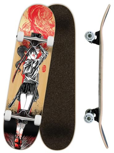 Yocaher Girl Samurai Red Dragon Skateboard, 19,7 cm, 7-lagiges Ahorn-Deck, Black Widow Premium Griptape, Achse aus Aluminiumlegierung, ABEC-7 Chromlager (19,7 cm Girl Samurai Red Dragon)