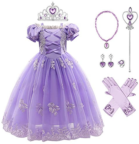 IWEMEK Filles Raiponce Costume Princesse Robe Longue en Tulle + Accessoires Ensemble Conte De Fées Cosplay Halloween Carnaval Costume Noël Anniversaire Fête Enfants Déguisements Violet Set 4-5 Ans