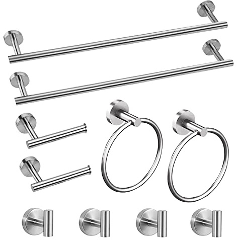 Cilee 10 Piece Brushed Nickel Bathroom Accessories Set, 16 inch Brushed Nickel Bathroon Hardware Set Towel Bar Ring Toilet Paper Holder Robe Towel Hook SUS304 Stainless Steel