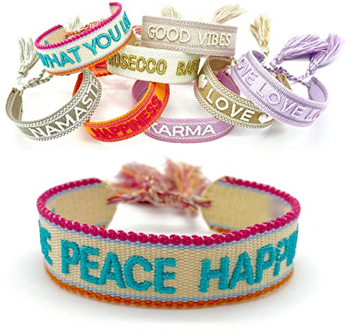 LS-LebenStil Exklusives Statement Armband - das Original - Love Peace Happiness Türkis 16-20cm Quasten besticktes Boho Canvas Webarmband Damen Freundschaftsarmband Geschenk gewebt textil Stoffarmband