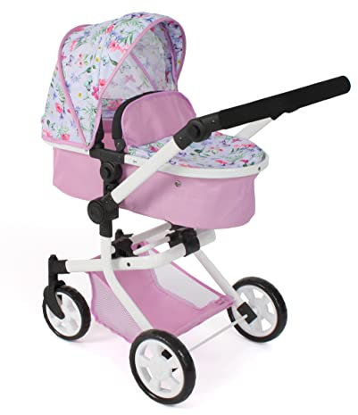 Bayer Chic 2000® 2in1 Puppenwagen Mika – Flowers Rosa – faltbar – höhenverstellbarer Griff 47-80 cm – modernes Gestell – Puppen bis 52 cm – 4-8 J.