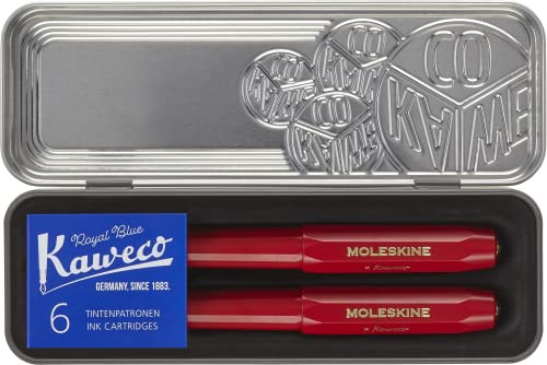 Moleskine x Kaweco, Penna Stilografica in Plastica ABS con Pennino Misura M Placcato in Oro e Penna a Sfera Ricaricabile, Ricaricabile con 1,0 mm di Inchiostro Blu, 6 cartucce Incluse, Colore Rosso