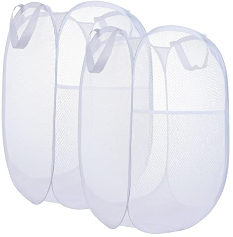 2 Pack Laundry Basket,Foldable Mesh Popup Laundry Hamper with Durable Handle,Easy to Open and Fold for Dorm, Laundry Room, Bedroom, RV(White+ White)…