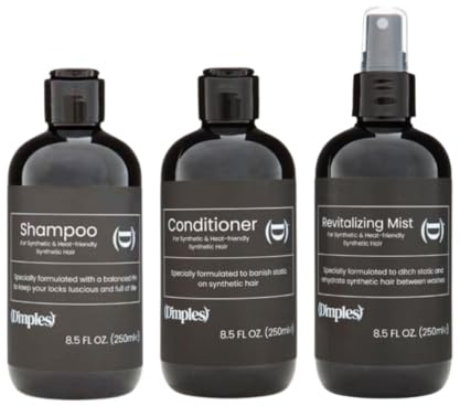 Dimples Shampoo, Conditioner and Revitalising Mist (3-in-1 Set) for Synthetic Hair Wigs – Balanced pH Anti-static, Nourishing, Non-Sticky & Revitalize Fibre Hair - Premium Quality Haircare Kit
