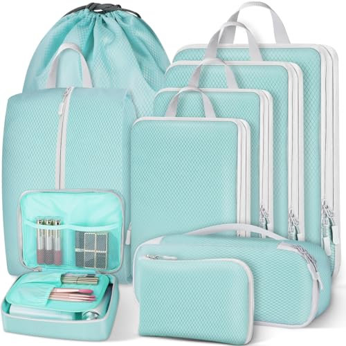 Otauoaea Koffer Organizer Set 9 Teilig, Packing Cubes Compression,Packtaschen mit Kompression,Ultraleichte Travel Organizer für Koffer und Rucksack,Packwürfel,Kofferorganizer Reise Kleidertaschen,Blau